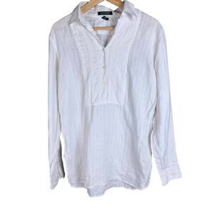 Women's Lauren Ralph Lauren White Tunic Pullover 1/2 Button Linen Blend Shirt L